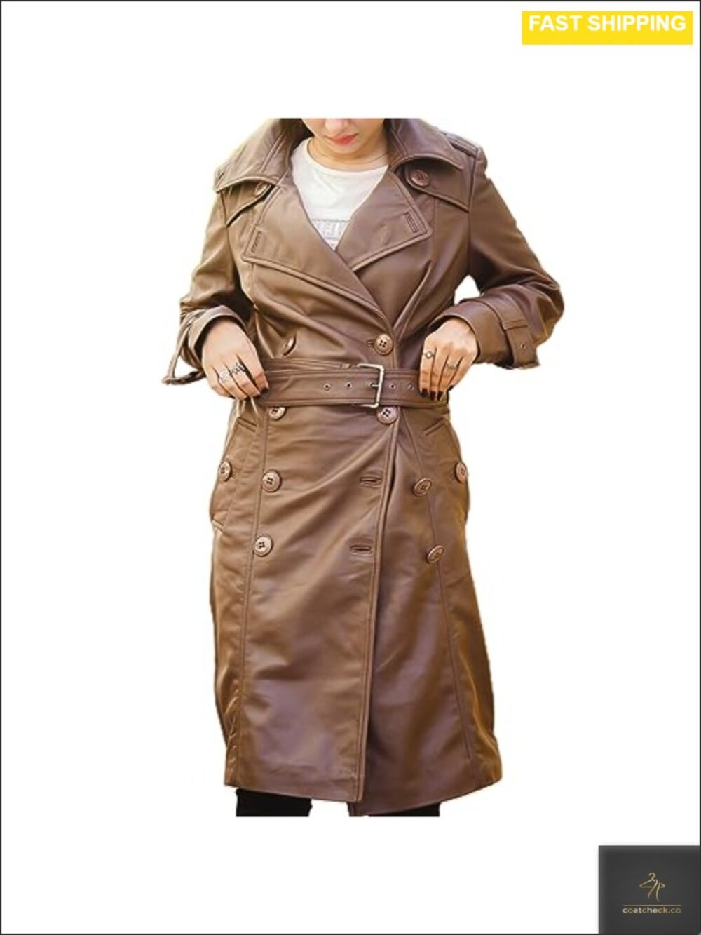 Real Lambskin Leather Trench Coat Double Breasted Belted